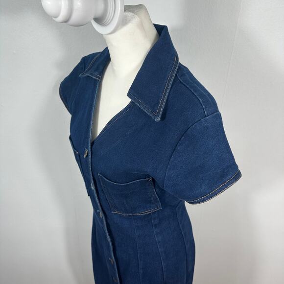 VTG Vesti Denim Shirt Dress Blue Button Front Midi Short Sleeve Utility Retro L - Picture 10 of 13